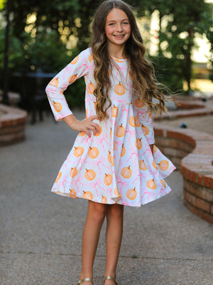 PREORDER Fall Halloween & Thanksgiving Pumpkin Bow Print Long Sleeve Dress — view 2