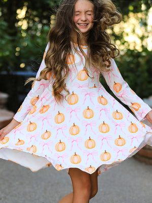 PREORDER Fall Halloween & Thanksgiving Pumpkin Bow Print Long Sleeve Dress — view 1