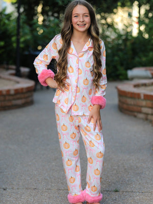 Halloween Thanksgiving Pumpkin Bow Fur Pajama Set — view 1