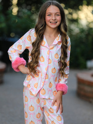 Halloween Thanksgiving Pumpkin Bow Fur Pajama Set — view 2
