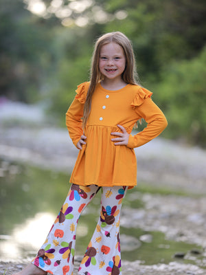 Fall Halloween & Thanksgiving Pumpkin Turkey Print Girls Long Sleeve Set — view 1