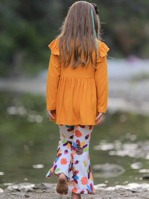 Fall Halloween & Thanksgiving Pumpkin Turkey Print Girls Long Sleeve Set — view 4