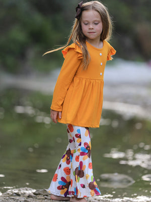 Fall Halloween & Thanksgiving Pumpkin Turkey Print Girls Long Sleeve Set — view 5