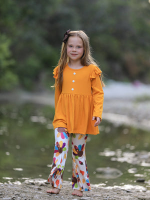 Fall Halloween & Thanksgiving Pumpkin Turkey Print Girls Long Sleeve Set — view 2