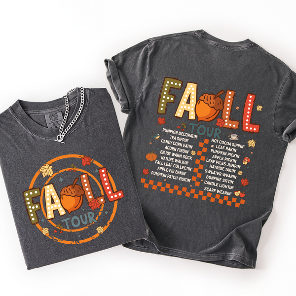 Fall Tour Front And Back Halloween Autumn Checkered Pumpkin Vintage Inspired Comfort Colors Tee
