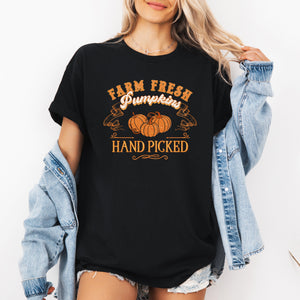 Farm Fresh Pumpkins Hand Picked Halloween Harvest Rustic Cozy Vintage Graphic Tee — view 1
