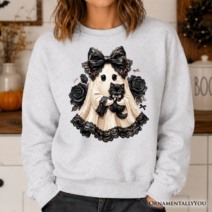 Gothic Ghost with Black Cat Sweatshirt, Black Rose Coquette Halloween Sweater — view 1