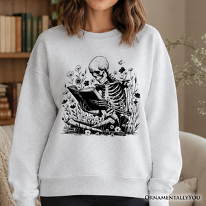 Gothic Reading Skeleton Sweatshirt, Floral Halloween Sweater for Spooky Bookworms — view 1