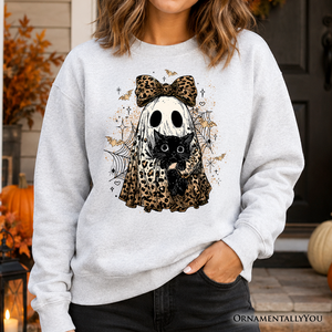 Leopard Bow Ghost with Black Cat Sweatshirt, Spooky Halloween Spider Web Sweater — view 1
