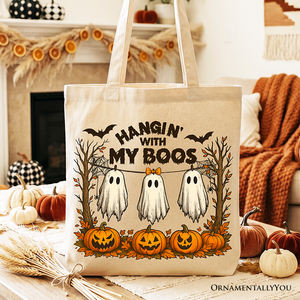 Boho Spooky Season Ghost Tote Bag, Cute Halloween Gift Shopper with Fall Pumpkins — view 1