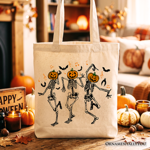 Dancing Skeletons with Pumpkin Head Tote Bag, Dry Bones Come Alive Halloween Fun Gift Shopper — view 1