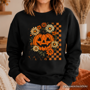 Checkered Floral Pumpkin Sweatshirt, Retro Preppy Halloween Sweater for Spooky Season Vibes — view 1