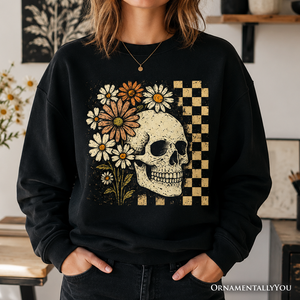 Checkered Floral Skeleton Sweatshirt, Vintage Skull Daisy Halloween Sweater — view 1