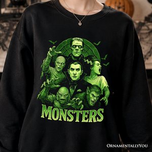 Green Retro Monsters Sweatshirt, Vintage Classic Horror Halloween Sweater — view 1