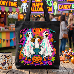Trick or Treat Geese Tote Bag, Colorful Halloween Ghost Costume Gift Shopper — view 1