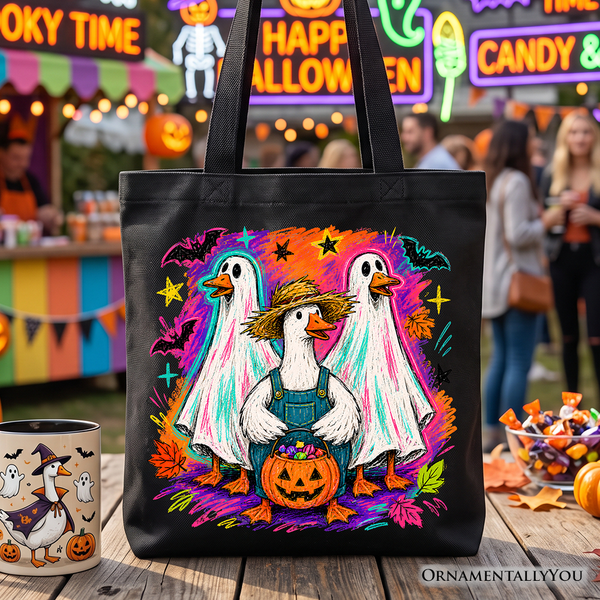 Trick or Treat Geese Tote Bag, Colorful Halloween Ghost Costume Gift Shopper