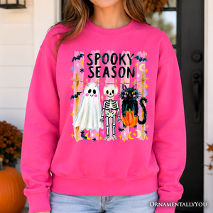 Spooky Season Ghost Skeleton Cat Sweatshirt, Colorful Halloween Costume Sweater — view 1