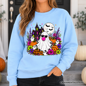 Bubblegum Ghost Haunted House Sweatshirt, Colorful Floral Halloween Pumpkin Sweater — view 1