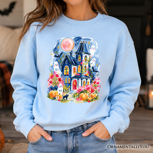 Watercolor Haunted House Sweatshirt, Colorful Ghost Pumpkin Halloween Sweater — view 1