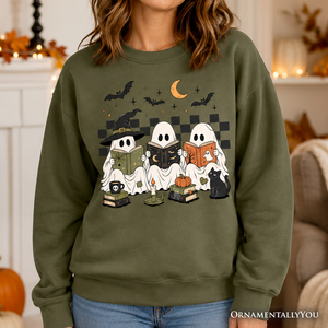 Bookish Ghosts Reading Sweatshirt, Checkered Halloween Witch Cat Sweater — view 1