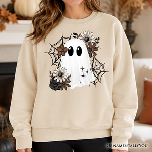 Floral Ghost Sweatshirt, Neutral Boho Halloween Spider Web Sweater — view 1