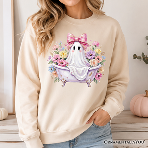 Pink Bow Bathtub Ghost Sweatshirt, Floral Coquette Halloween Sweater — view 1