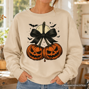 Pumpkin Cherries Coquette Bow Sweatshirt, Retro Halloween Fall Season Sweater for Sweet Autumn Girls — view 1