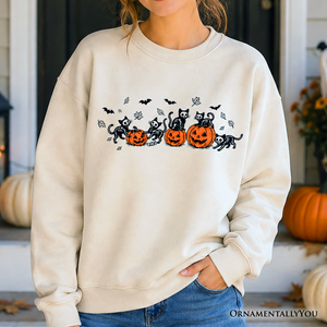 Skeleton Cats and Pumpkins Sweatshirt, Spooky Halloween Black Cat Sweater — view 1