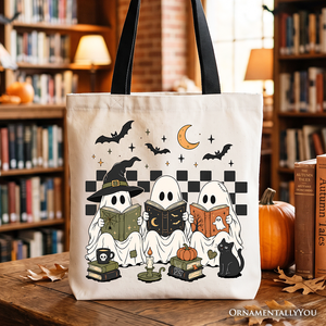 Bookish Ghosts Reading Tote Bag, Checkered Halloween Witch Cat Gift Shopper — view 1
