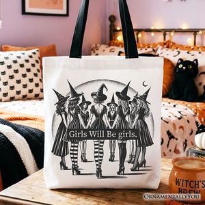 Girls Will Be Girls Tote Bag, Witchy Halloween Gift Shopper for Empowered Women — view 1
