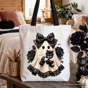 Gothic Ghost with Black Cat Tote Bag, Black Rose Coquette Halloween Gift Shopper — view 1