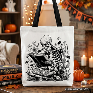 Gothic Reading Skeleton Tote Bag, Floral Halloween Gift Shopper for Spooky Bookworms — view 1