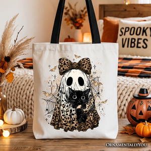 Leopard Bow Ghost with Black Cat Tote Bag, Spooky Halloween Spider Web Gift Shopper — view 1