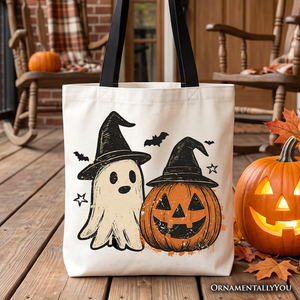 Witch Hat Ghost and Pumpkin Tote Bag, Vintage Halloween Jack O’ Lantern Gift Shopper — view 1