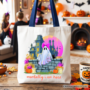Mentally I Am Here Ghost Tote Bag, Pink Bow Haunted House Halloween Gift Shopper — view 1