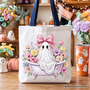 Pink Bow Bathtub Ghost Tote Bag, Floral Coquette Halloween Gift Shopper — view 1