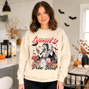 Licensed to Draw Blood Halloween Nurse Sweatshirt, Groovy Sweater for Spooky Season — view 4