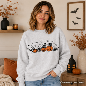Skeleton Cats and Pumpkins Sweatshirt, Spooky Halloween Black Cat Sweater — view 4