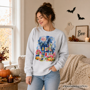 Watercolor Haunted House Sweatshirt, Colorful Ghost Pumpkin Halloween Sweater — view 4