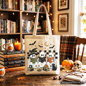 Bookish Ghosts Reading Tote Bag, Checkered Halloween Witch Cat Gift Shopper — view 4