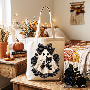 Gothic Ghost with Black Cat Tote Bag, Black Rose Coquette Halloween Gift Shopper — view 4