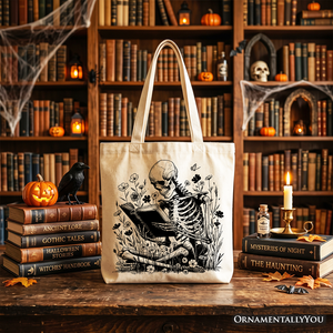 Gothic Reading Skeleton Tote Bag, Floral Halloween Gift Shopper for Spooky Bookworms — view 4