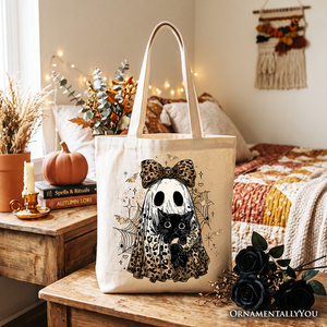 Leopard Bow Ghost with Black Cat Tote Bag, Spooky Halloween Spider Web Gift Shopper — view 4