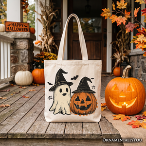 Witch Hat Ghost and Pumpkin Tote Bag, Vintage Halloween Jack O’ Lantern Gift Shopper — view 4