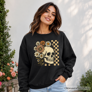 Checkered Floral Skeleton Sweatshirt, Vintage Skull Daisy Halloween Sweater — view 4