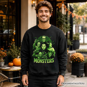 Green Retro Monsters Sweatshirt, Vintage Classic Horror Halloween Sweater — view 4