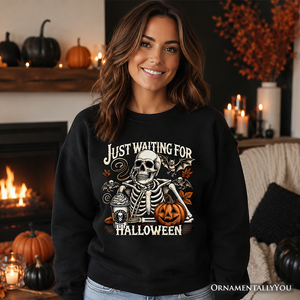 Just Waiting for Halloween Sweatshirt, Spooky Skeleton Sweater for Autumn Season — view 4