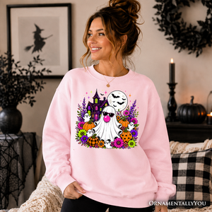 Bubblegum Ghost Haunted House Sweatshirt, Colorful Floral Halloween Pumpkin Sweater — view 4
