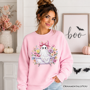 Pink Bow Bathtub Ghost Sweatshirt, Floral Coquette Halloween Sweater — view 4