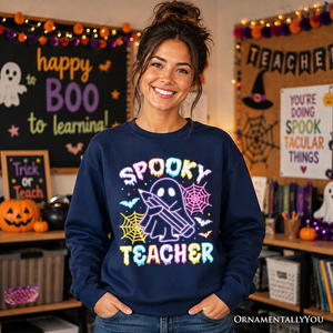 Spooky Teacher Neon Ghost Sweatshirt, Retro Halloween Sweater for Educators — view 4